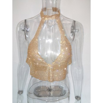 Sexy Cut Out Deep V Neck Sequined Crystal Metal Crop Tops Summer Luxury Rhinestone Details Shiny Tank Top Gold Silver